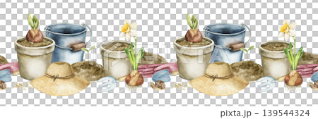 Watercolor seamless border with flower pots, soil, bulbs, daffodil, bucket, gloves and gardening tools. Spring illustration for wallpaper, nursery decor, textile print and stationery design. 139544324