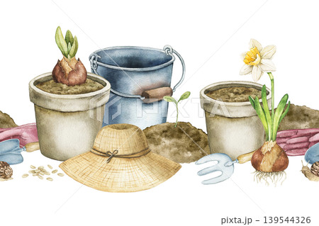 Watercolor seamless border with flower pots, soil, bulbs, daffodil, bucket, gloves and gardening tools. Spring illustration for wallpaper, nursery decor, textile print and stationery design. 139544326