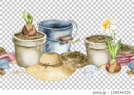 Watercolor seamless border with flower pots, soil, bulbs, daffodil, bucket, gloves and gardening tools. Spring illustration for wallpaper, nursery decor, textile print and stationery design. 139544326