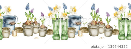 Watercolor seamless border with flower pots, gardening tools, grape hyacinth, daffodils, muscari and spring plants. Illustration for wallpaper, nursery decor, textile print and stationery design. 139544332