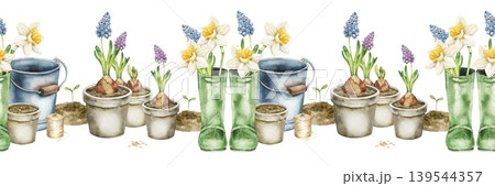 Watercolor seamless border with flower pots, gardening tools, daffodils, muscari and spring plants. Illustration for wallpaper, nursery decor, textile print and stationery design. 139544357