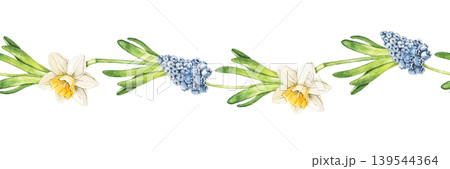 Watercolor seamless border with daffodil flowers, hyacinth blooms and green leaves. Spring botanical simple illustration for wallpaper, nursery decor, textile print and stationery design. 139544364