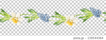 Watercolor seamless border with daffodil flowers, hyacinth blooms and green leaves. Spring botanical simple illustration for wallpaper, nursery decor, textile print and stationery design. 139544364