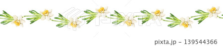 Watercolor seamless border with daffodil flowers and green leaves arranged in horizontal wavy composition. Illustration for wallpaper, nursery decor, textile print and stationery design. 139544366