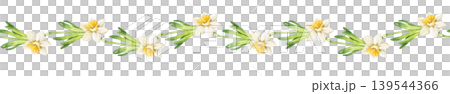 Watercolor seamless border with daffodil flowers and green leaves arranged in horizontal wavy composition. Illustration for wallpaper, nursery decor, textile print and stationery design. 139544366