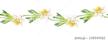 Watercolor seamless border with daffodil flowers and green leaves arranged in horizontal wavy composition. Illustration for wallpaper, nursery decor, textile print and stationery design. Watercolor seamless border with daffodil flowers and green leaves arranged in horizontal wavy composition. Illustration for wallpaper, nursery decor, textile print and stationery design. 139544382