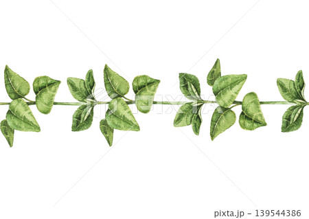 Watercolor seamless border with green leaves arranged in horizontal line. Illustration for wallpaper, nursery decor, textile print, and stationery design. Simple green leaves border, gardening theme 139544386