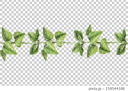 Watercolor seamless border with green leaves arranged in horizontal line. Illustration for wallpaper, nursery decor, textile print, and stationery design. Simple green leaves border, gardening theme 139544386