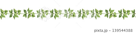 Watercolor seamless border with green leaves arranged in horizontal line. Illustration for wallpaper, nursery decor, textile print, and stationery design. Simple green leaves border, gardening theme 139544388