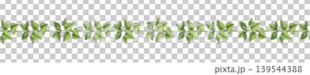 Watercolor seamless border with green leaves arranged in horizontal line. Illustration for wallpaper, nursery decor, textile print, and stationery design. Simple green leaves border, gardening theme 139544388