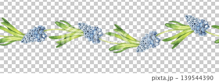 Watercolor seamless border with grape hyacinth flowers and green leaves arranged in horizontal composition. Illustration for wallpaper, nursery decor, textile print and stationery design. 139544390