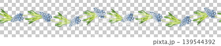 Watercolor seamless border with grape hyacinth flowers and green leaves arranged in horizontal composition. Illustration for wallpaper, nursery decor, textile print and stationery design. 139544392
