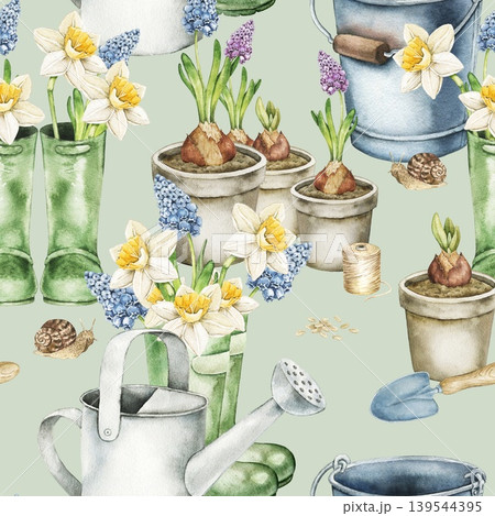 Watercolor gardening seamless pattern with rain boots, watering cans, flower pots, bulbs and spring flowers. Botanical illustration inspired by seed planting, greenhouse care and countryside hobbies. 139544395