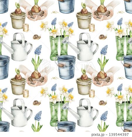 Watercolor seamless pattern with flower pots, watering cans, bulbs and spring flowers. Botanical illustration inspired by gardening hobbies, planting seedlings and countryside farming activities. 139544397