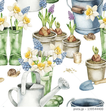 Watercolor gardening seamless pattern with rain boots, watering cans, flower pots, bulbs and spring flowers. Botanical illustration inspired by greenhouse planting, seed growing, countryside hobbies. Watercolor gardening seamless pattern with rain boots, watering cans, flower pots, bulbs and spring flowers. Botanical illustration inspired by greenhouse planting, seed growing, countryside hobbies. 139544400