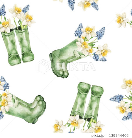 Watercolor seamless pattern with green rain boots and spring floral bouquets hyacinth and daffodils. Botanical illustration gardening hobbies, planting seedlings and countryside greenhouse work. 139544403