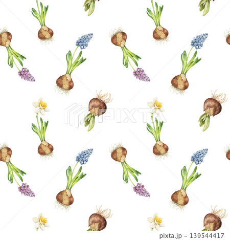 Watercolor spring gardening seamless pattern with spring bulbs, sprouts and flower stems. Botanical illustration inspired by home gardening, greenhouse planting, countryside hobbies and farming work. Watercolor spring gardening seamless pattern with spring bulbs, sprouts and flower stems. Botanical illustration inspired by home gardening, greenhouse planting, countryside hobbies and farming work. 139544417