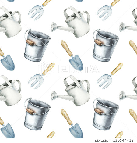 Watercolor seamless pattern with watering cans, buckets, rakes and garden shovels. Botanical illustration inspired by planting seedlings, greenhouse work and countryside gardening hobbies. 139544418