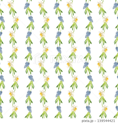 Watercolor seamless pattern with hanging hyacinth and daffodil flower garlands. Botanical illustration inspired by spring gardening, flower beds and countryside hobby themes. 139544421