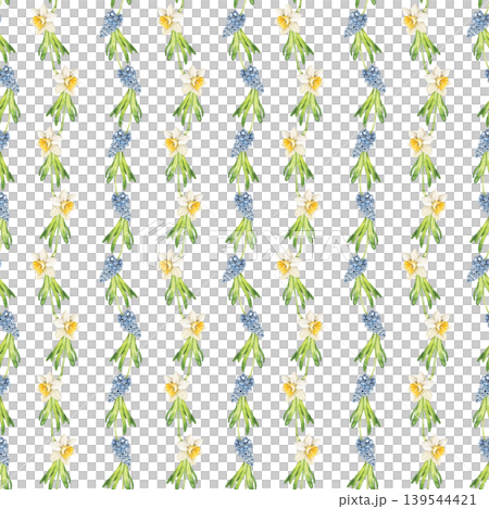 Watercolor seamless pattern with hanging hyacinth and daffodil flower garlands. Botanical illustration inspired by spring gardening, flower beds and countryside hobby themes. 139544421