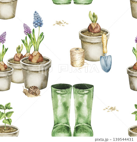 gardening watercolor seamless pattern with flower pots, bulbs, green rubber rain boots and gardening accessories. Botanical illustration inspired by vegetable beds, farming and countryside hobbies. gardening watercolor seamless pattern with flower pots, bulbs, green rubber rain boots and gardening accessories. Botanical illustration inspired by vegetable beds, farming and countryside hobbies. 139544431