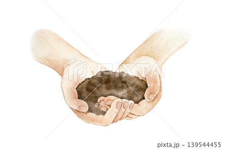 Watercolor illustration of human hands holding fresh garden soil. Botanical artwork for eco branding, farming themes, packaging, labels and spring themed products. Gardening, planting, new life 139544455