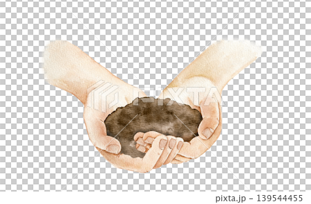 Watercolor illustration of human hands holding fresh garden soil. Botanical artwork for eco branding, farming themes, packaging, labels and spring themed products. Gardening, planting, new life 139544455