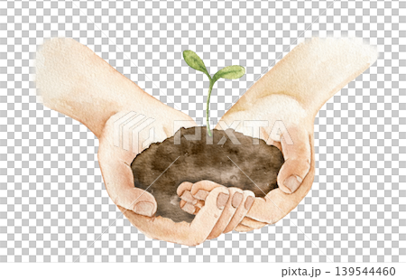 Watercolor illustration of hands holding soil with young green seedling. Botanical artwork for eco branding, farming themes, packaging, labels and spring themed products. Watercolor illustration of hands holding soil with young green seedling. Botanical artwork for eco branding, farming themes, packaging, labels and spring themed products. 139544460