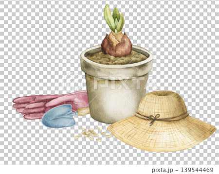 Watercolor composition with flower pot, sprouting bulb, gardening gloves, straw hat and seeds. Spring botanical illustration for stationery, wrapping paper and seasonal products. Watercolor composition with flower pot, sprouting bulb, gardening gloves, straw hat and seeds. Spring botanical illustration for stationery, wrapping paper and seasonal products. 139544469