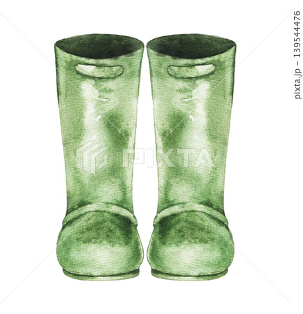 Watercolor illustration of green rain gardening boots isolated on white background. Rustic spring clip art for seasonal decoration, wrapping paper, stationery and farming themed projects. 139544476