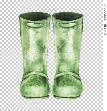 Watercolor illustration of green rain gardening boots isolated on white background. Rustic spring clip art for seasonal decoration, wrapping paper, stationery and farming themed projects. 139544476