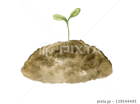 Watercolor illustration of young green seedling growing from soil mound. Botanical artwork for eco projects, farming themes, stationery, packaging and spring decoration use. 139544495