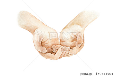 Watercolor illustration of open human hands in curved position. Template element for adding plants, flowers, soil or gardening objects into botanical compositions and seasonal designs. Watercolor illustration of open human hands in curved position. Template element for adding plants, flowers, soil or gardening objects into botanical compositions and seasonal designs. 139544504