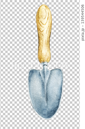 Watercolor illustration of blue garden shovel trowel inspired by planting seedlings, greenhouse care and countryside gardening activities. Botanical artwork for seasonal stationery and packaging. 139544506