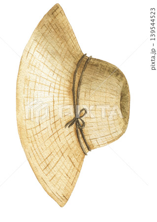 Watercolor illustration of straw garden hat for greenhouse work and countryside activities. Botanical element for farming themes, planting projects and seasonal decoration. 139544523