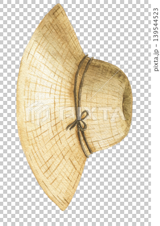 Watercolor illustration of straw garden hat for greenhouse work and countryside activities. Botanical element for farming themes, planting projects and seasonal decoration. 139544523