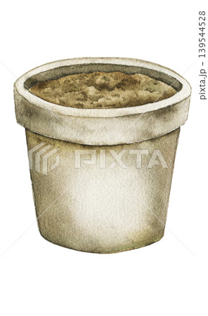Watercolor illustration of ceramic flower pot filled with soil. Botanical element for gardening themes, greenhouse projects, planting concepts and countryside decoration. Watercolor illustration of ceramic flower pot filled with soil. Botanical element for gardening themes, greenhouse projects, planting concepts and countryside decoration. 139544528
