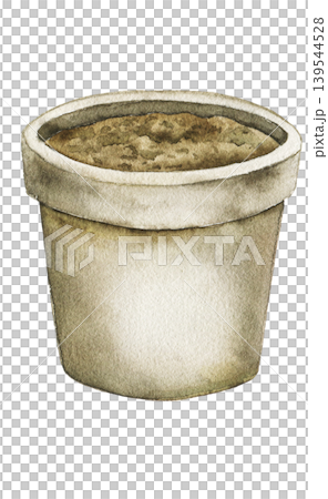 Watercolor illustration of ceramic flower pot filled with soil. Botanical element for gardening themes, greenhouse projects, planting concepts and countryside decoration. Watercolor illustration of ceramic flower pot filled with soil. Botanical element for gardening themes, greenhouse projects, planting concepts and countryside decoration. 139544528