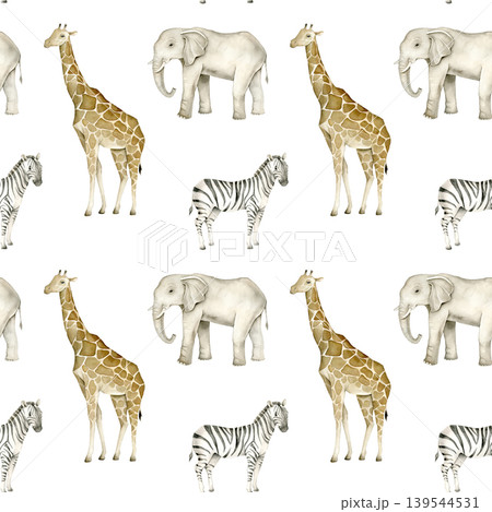 Watercolor safari pattern with giraffe, elephant and zebra arranged randomly. Seamless repeat suitable for fabric, wallpaper, nursery room decor and surface printing projects. Watercolor safari pattern with giraffe, elephant and zebra arranged randomly. Seamless repeat suitable for fabric, wallpaper, nursery room decor and surface printing projects. 139544531