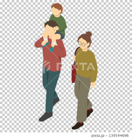 Isometric illustration: A mother walking and a father giving her a piggyback ride. Isometric illustration: A mother walking and a father giving her a piggyback ride. 139544696