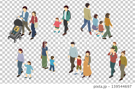 アイソメトリックイラスト:歩く子供がいる家族セット アイソメトリックイラスト:歩く子供がいる家族セット 139544697