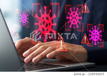 コンピューターウイルス感染とマルウェアを検出するセキュリティソフト。ランサムウェアに感染したノートパ 139544835