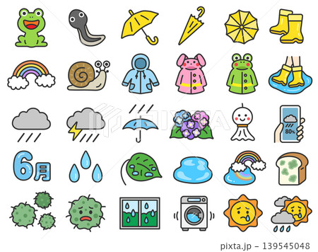 梅雨の30アイコン(線画カラー)のイラストセット 梅雨の30アイコン(線画カラー)のイラストセット 139545048