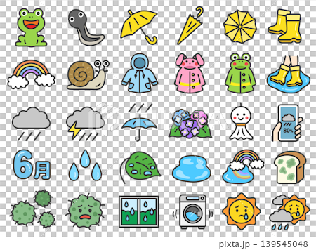 梅雨の30アイコン(線画カラー)のイラストセット 梅雨の30アイコン(線画カラー)のイラストセット 139545048