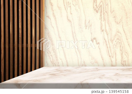 Light Beige Marble Countertop with Subtle Golden Veins, Paired with Wooden Slat Wall Paneling. Light Beige Marble Countertop with Subtle Golden Veins, Paired with Wooden Slat Wall Paneling. 139545158