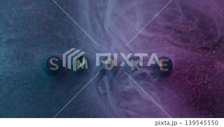 Smoke message. Haze vapor. Defocused golden blue purple color round letters smog glitter texture write on abstract neon art bokeh background. 139545550