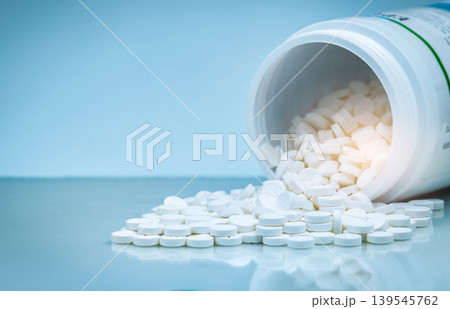 Pill tablets spilling from white plastic bottle isolated on white background, pharmacy product concept for healthcare treatment. Hospital drug use, pharmaceutical industry and medical cost management. 139545762