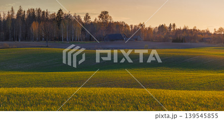 Green Rolling Countryside Landscape With Fields And Distant Village Under evening sky 139545855