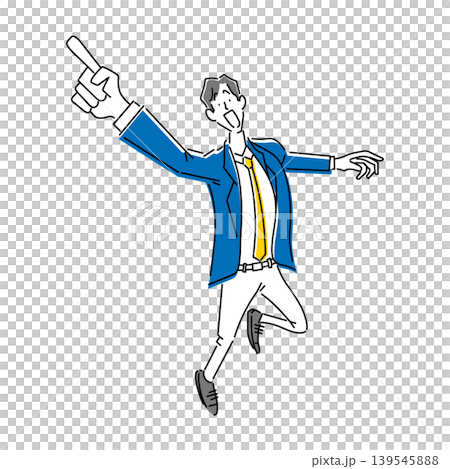 一幅簡單的全身插圖,描繪了一位面帶笑容的男性上班族奔跑的場景。 一幅簡單的全身插圖,描繪了一位面帶笑容的男性上班族奔跑的場景。 139545888