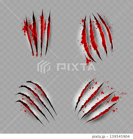 Realistic Bloody Claw Scratch Marks Set. Vector Torn Paper or Flesh Effect with Red Blood Splatters 139545904